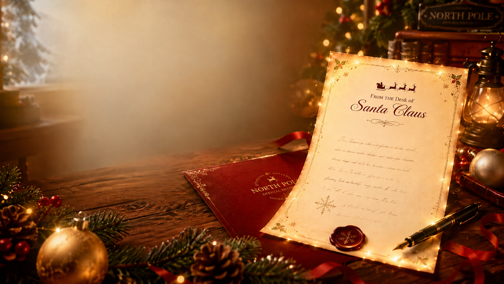 A glowing personalized letter from Santa displayed on a warm Christmas writing desk