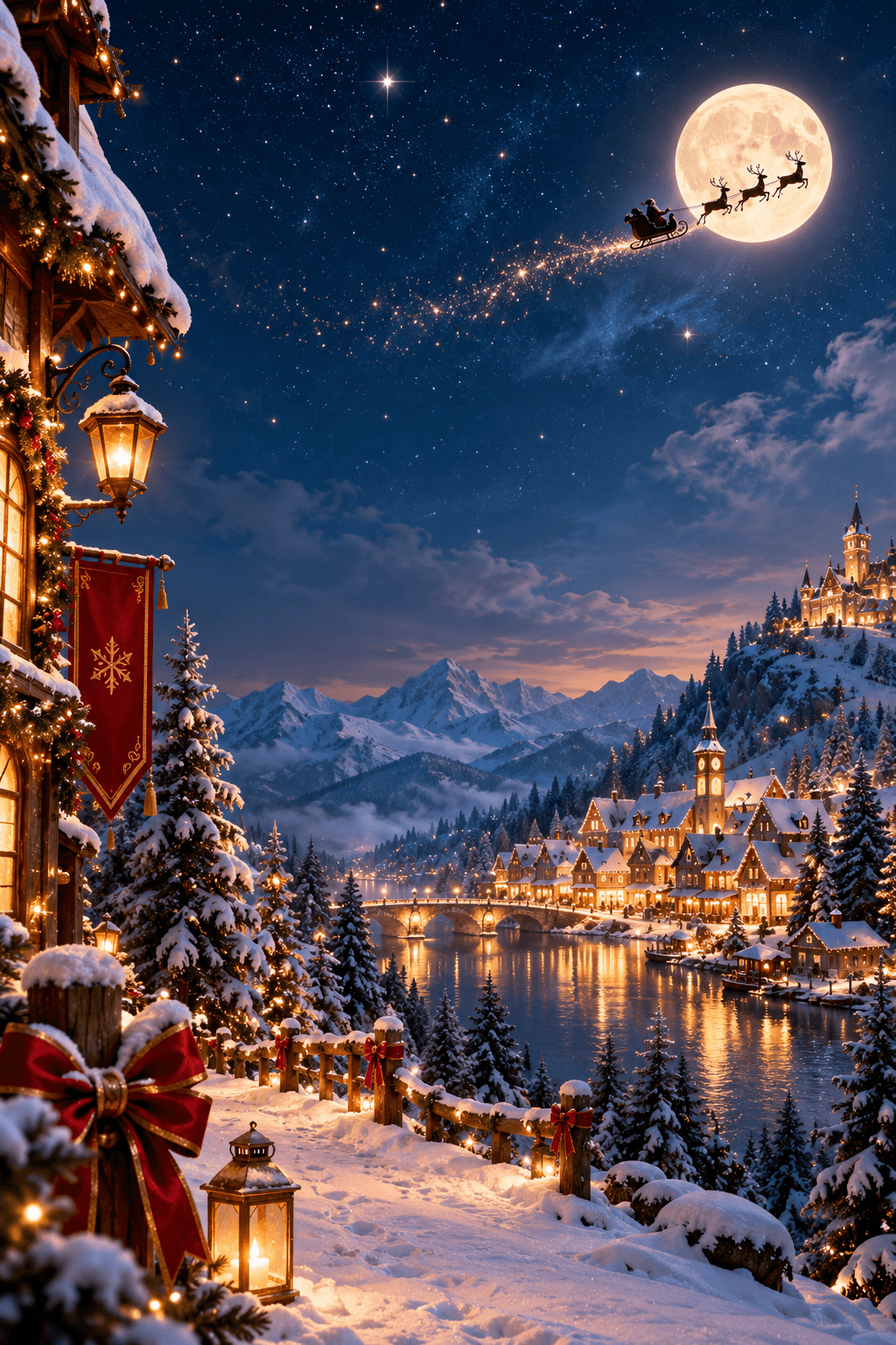 A glowing Christmas village beneath Santa's sleigh and a moonlit winter sky