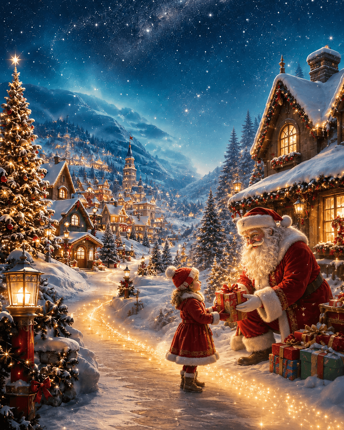 Santa sharing a glowing Christmas gift with a child in a festive North Pole village